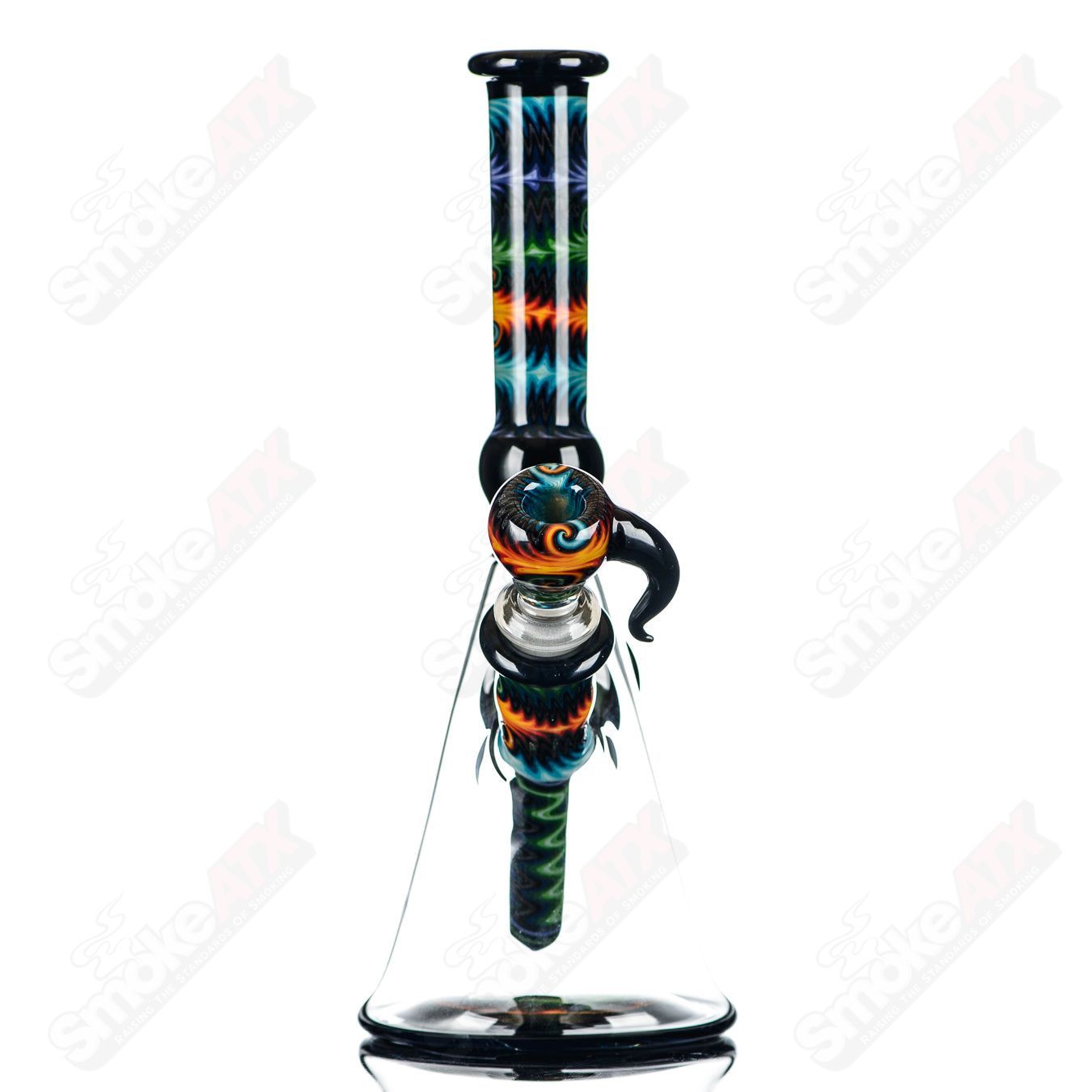Devo Linework Minitube Heady Glass beaker with intricate linework design and colorful accents, showcasing craftsmanship.