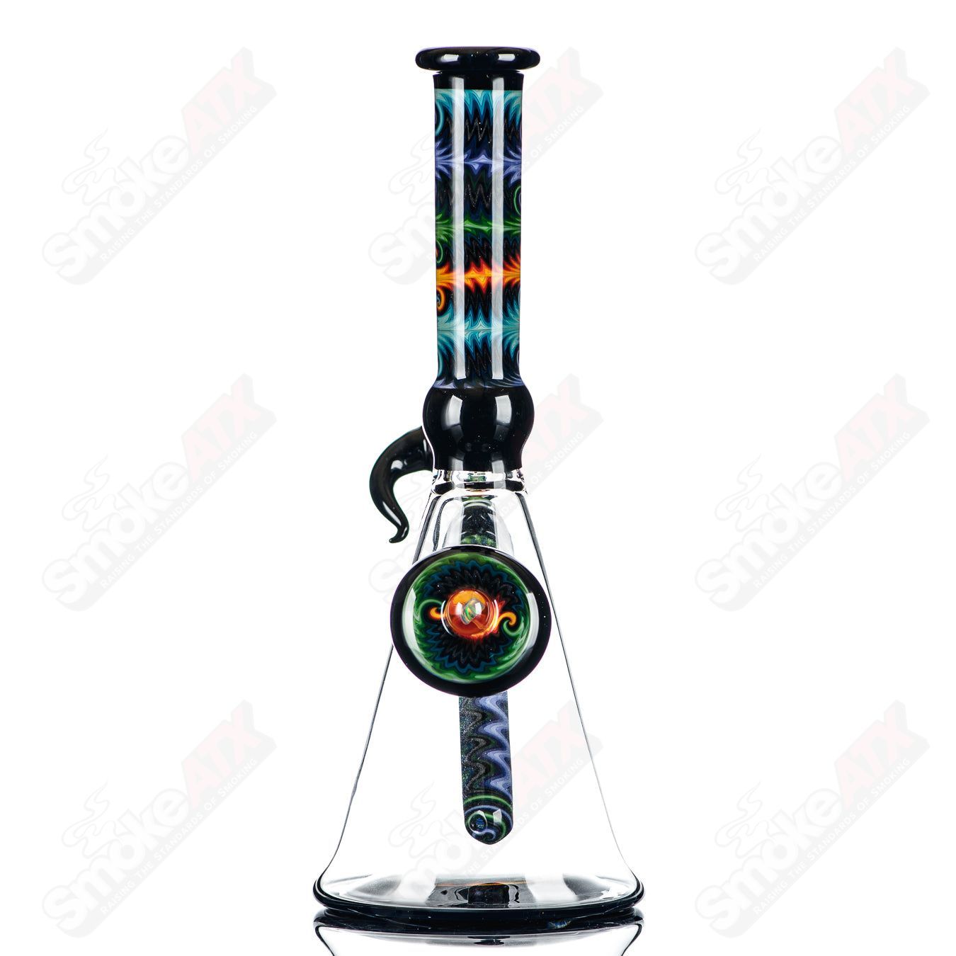 Devo Linework Minitube Heady Glass beaker with intricate line design and colorful accents on clear glass.