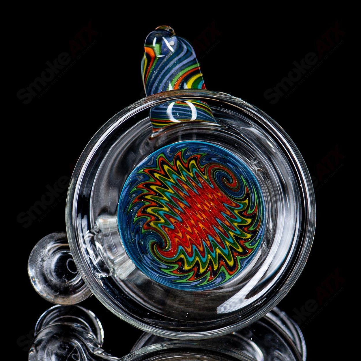 Devo Linework Rig with Horn, glass concentrate rig featuring intricate linework design and a decorative horn accessory.