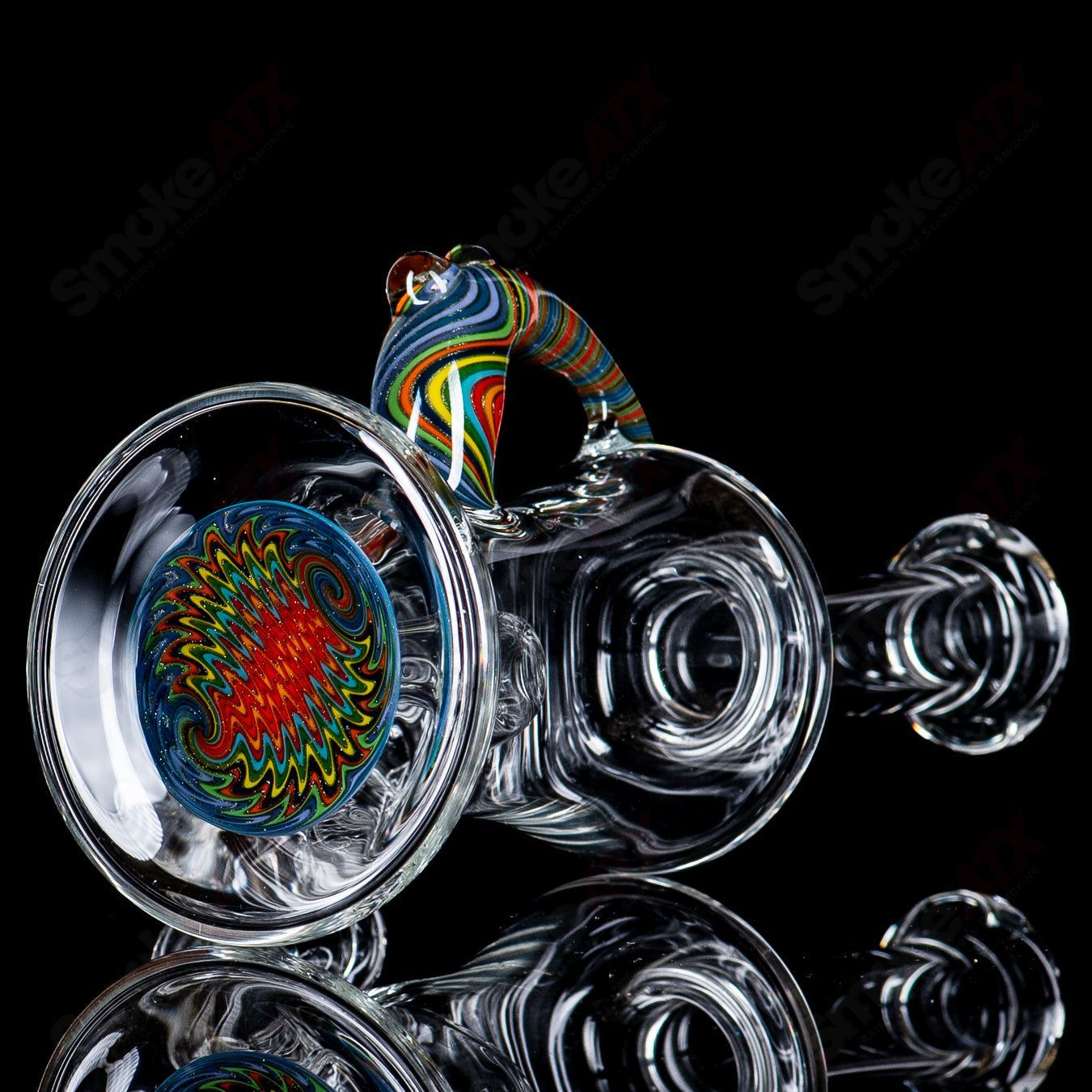 Devo Linework Rig with Horn, glass concentrate rig featuring intricate linework design and decorative horn accent.