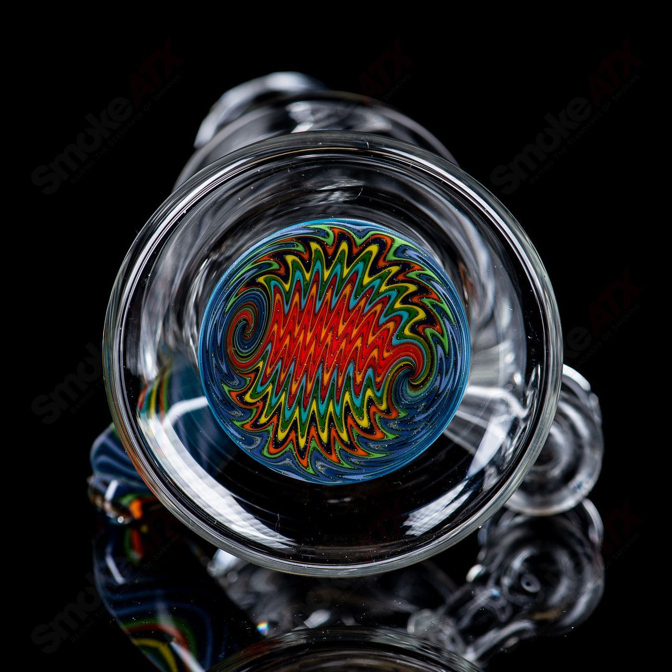 Devo Linework Rig with horn, glass concentrate rig featuring intricate linework design and a decorative horn attachment.