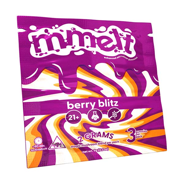 Three mushroom-shaped Berry Blitz Mushroom Gummies from MMelt, vibrant berry flavor, in clear packaging.
