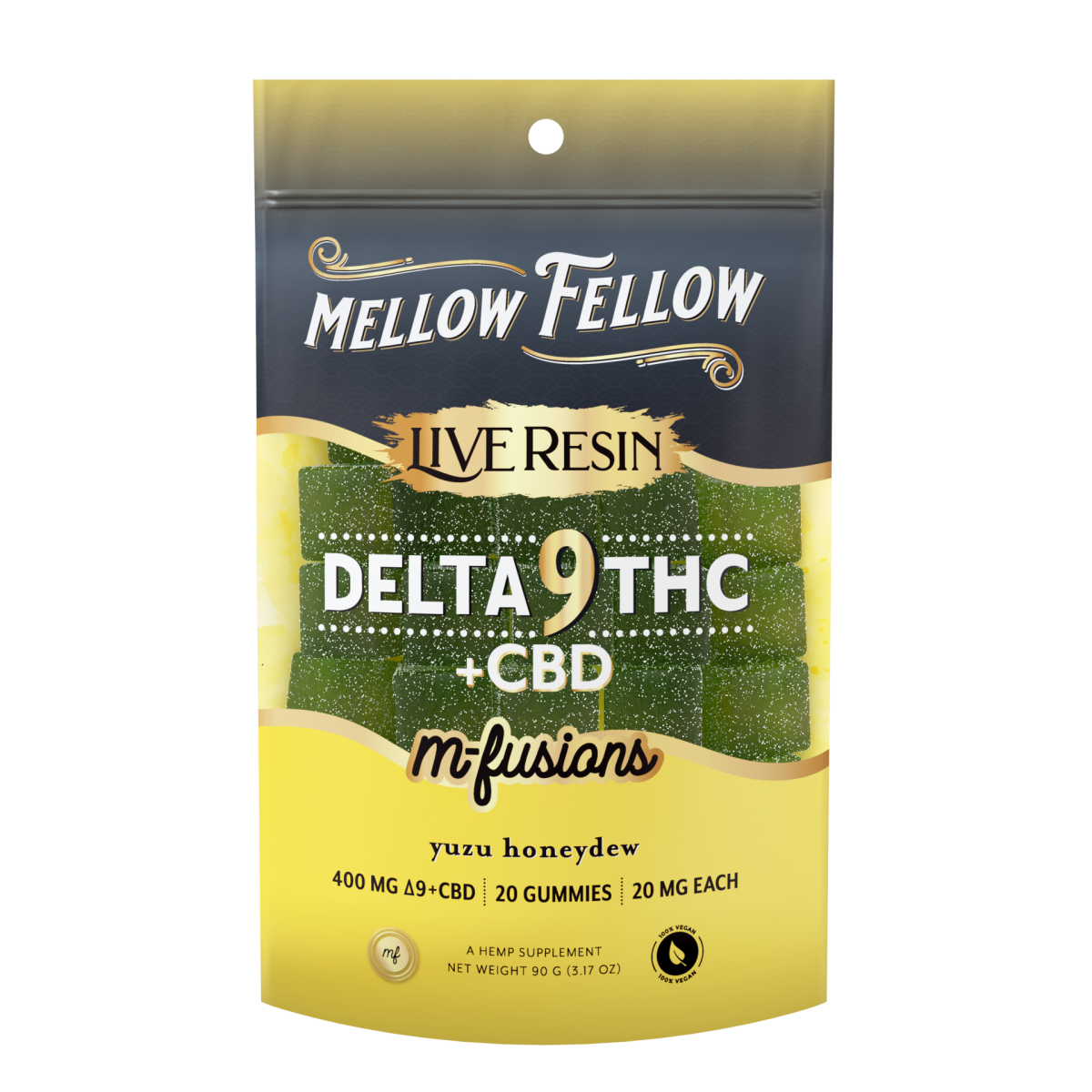 Mellow Fellow hemp edibles, 400mg Yuzu Honeydew D9+CBD gummies, 20 count, with colorful fruit-shaped gummies on a white background.