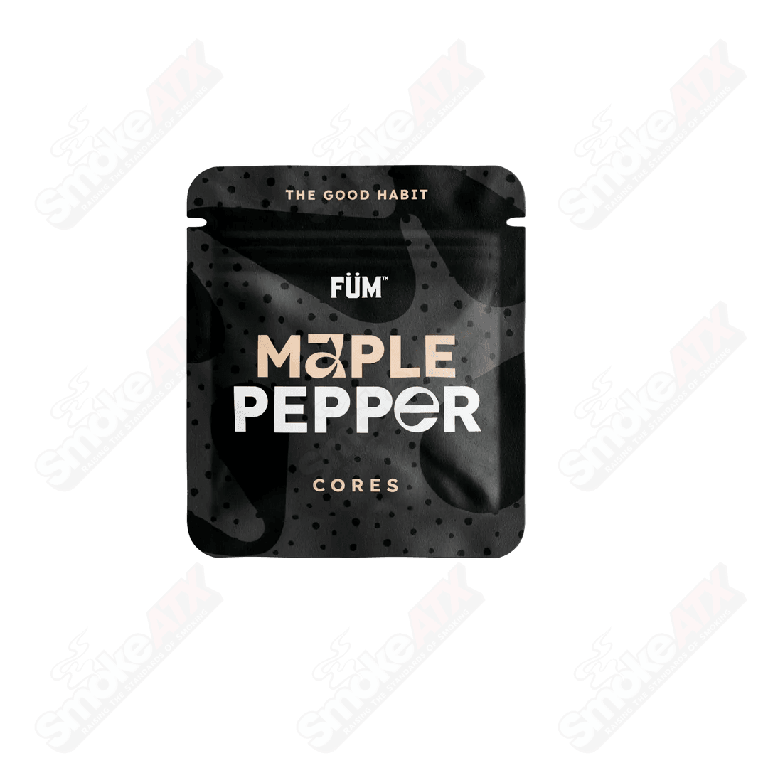 Fum Maple Pepper Flavor Core E-Cig showing the sleek device with maple pepper flavor branding and vibrant design elements.