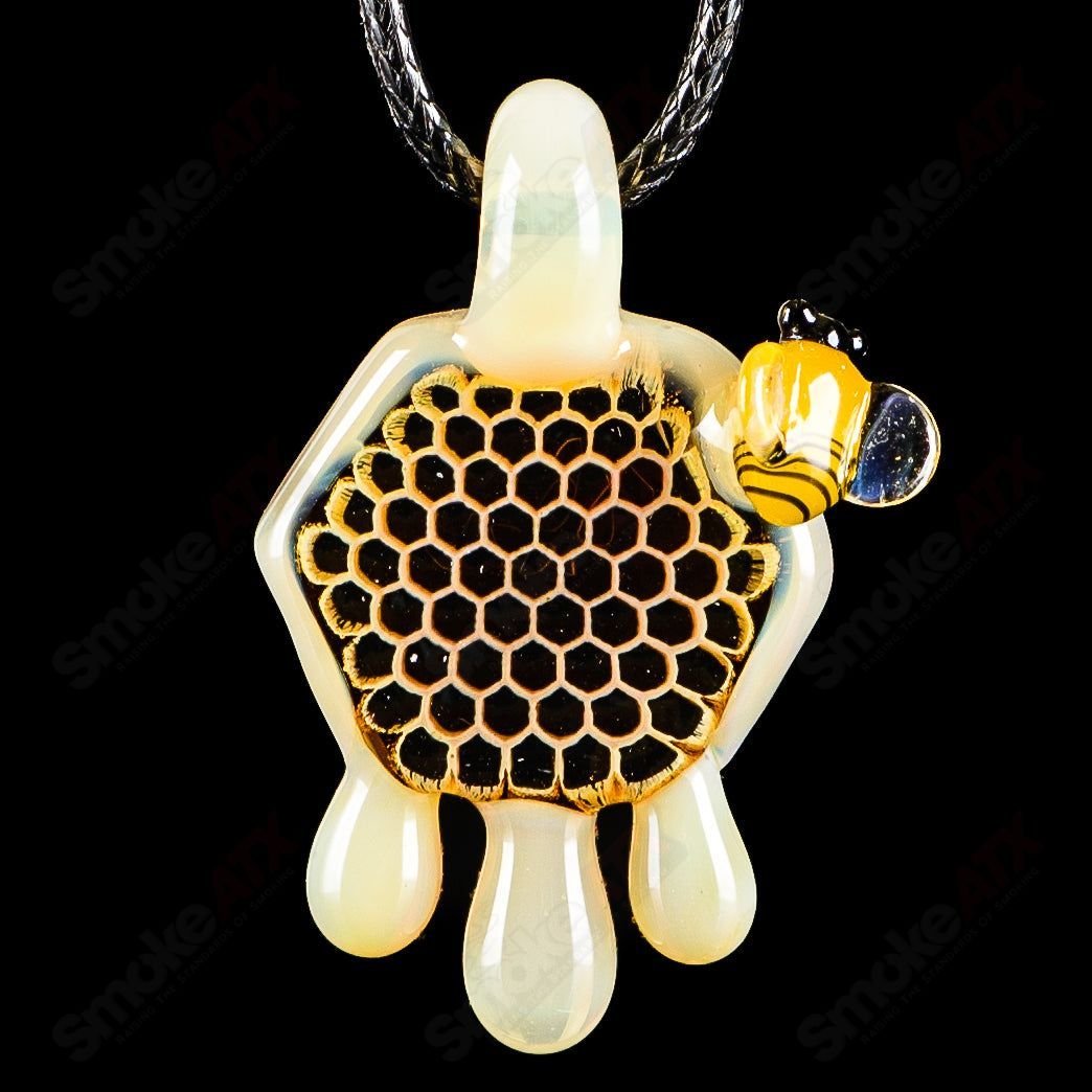 Milky medium honeycomb drip pendant by Joe P Glass, handcrafted heady glass jewelry with intricate design and vibrant colors.