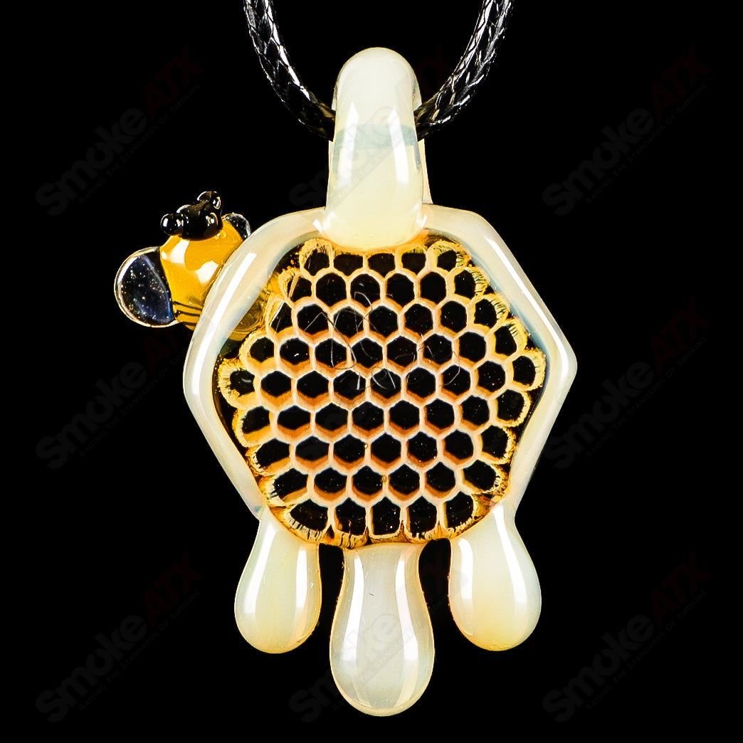 Milky Medium Honeycomb Drip Pendant by Joe P Glass, handcrafted heady glass pendant with intricate honeycomb design.