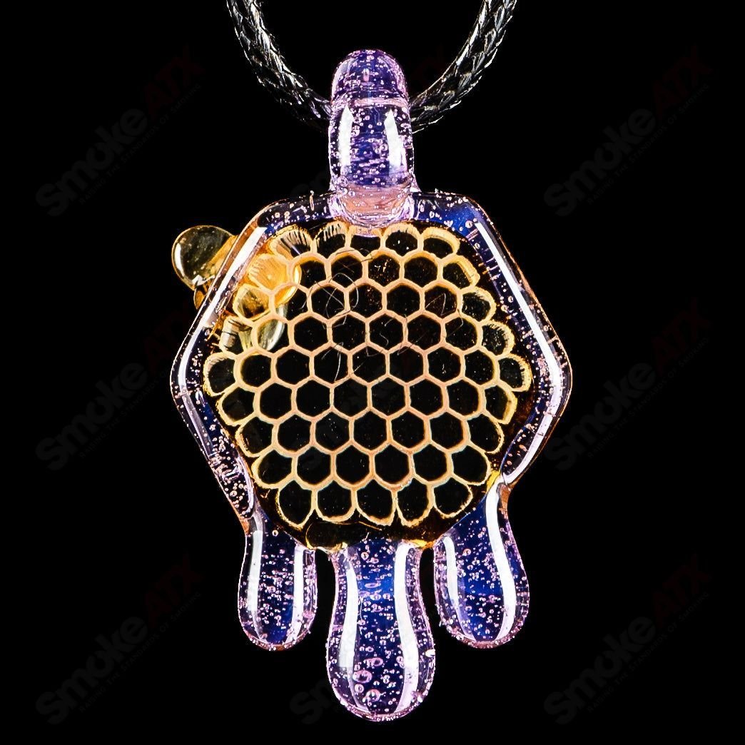Medium honeycomb drip pendant in purple Slyme by Joe P Glass, a colorful heady glass pendant with intricate design details.