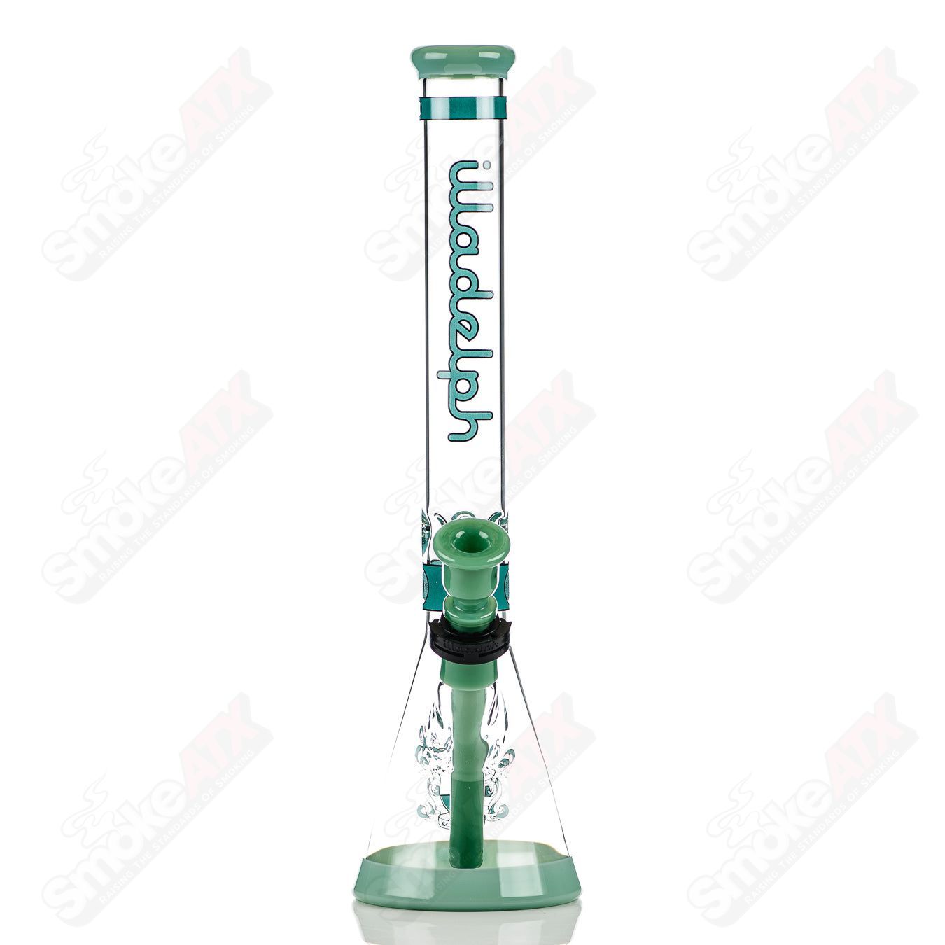 Medium teal Heavy Hitter hybrid beaker by Illadelph, featuring clear glass with teal accents and a sturdy beaker shape.