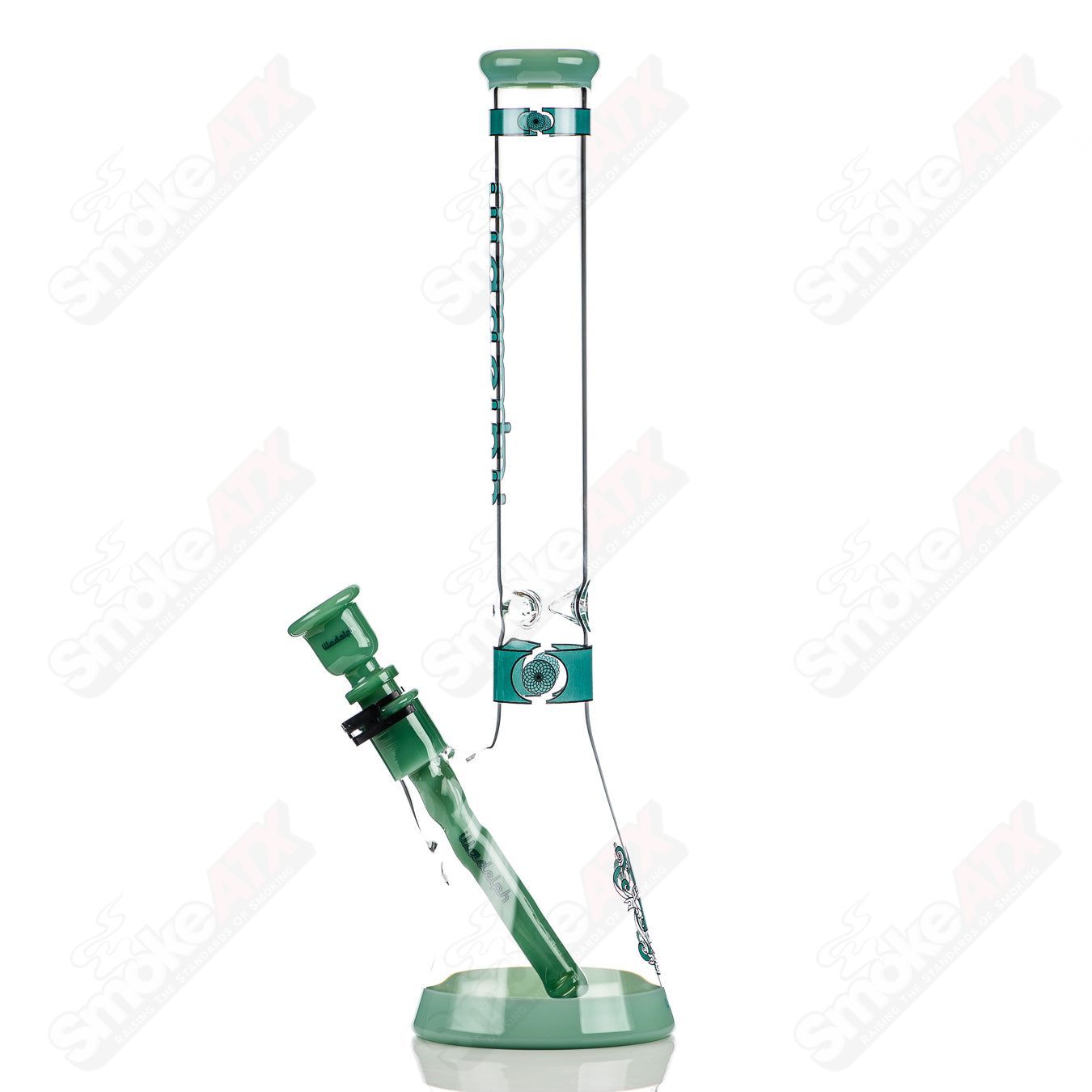 Medium teal Heavy Hitter hybrid beaker by Illadelph, featuring colorful glasswork and a sturdy design.