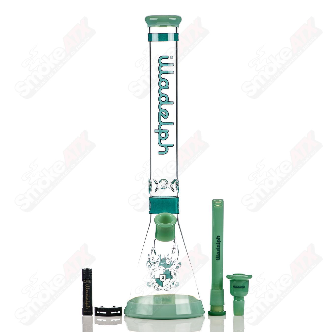 Medium teal Heavy Hitter Hybrid Beaker by Illadelph, featuring clear glass with teal accents, designed for smooth smoking experience.