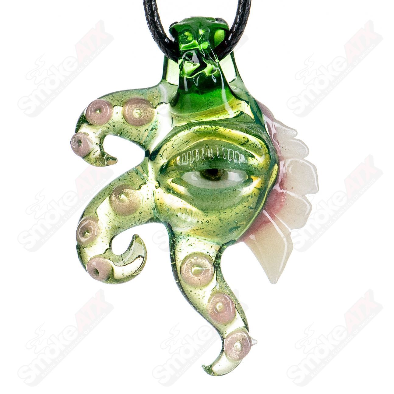Colorful Plantphibian pendant by Salt Glass, handcrafted heady glass pendant featuring vibrant green and blue hues.