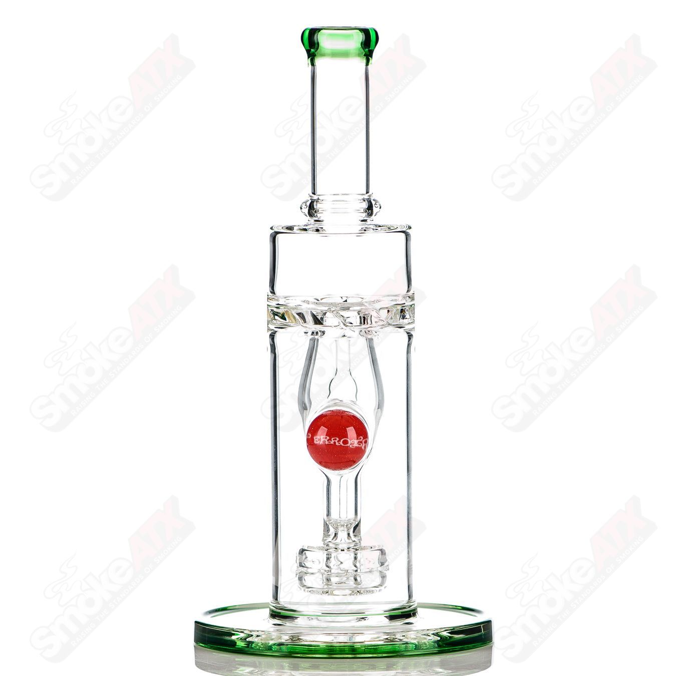 Mini Incycler Heady Glass recycler with green accents by Terroir, featuring intricate glasswork and vibrant color details.