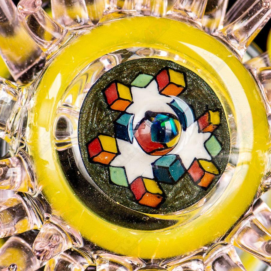 Pink and lemon drop colored Mini Rig by Freeek Glass, a stylish heady glass concentrate rig with intricate design details.