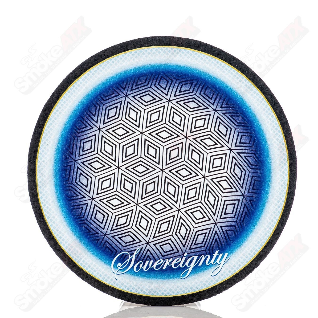 Blue and white diamond hempstar dab mat by Sovereignty Glass, limited edition LE 250, with intricate design and vibrant colors.