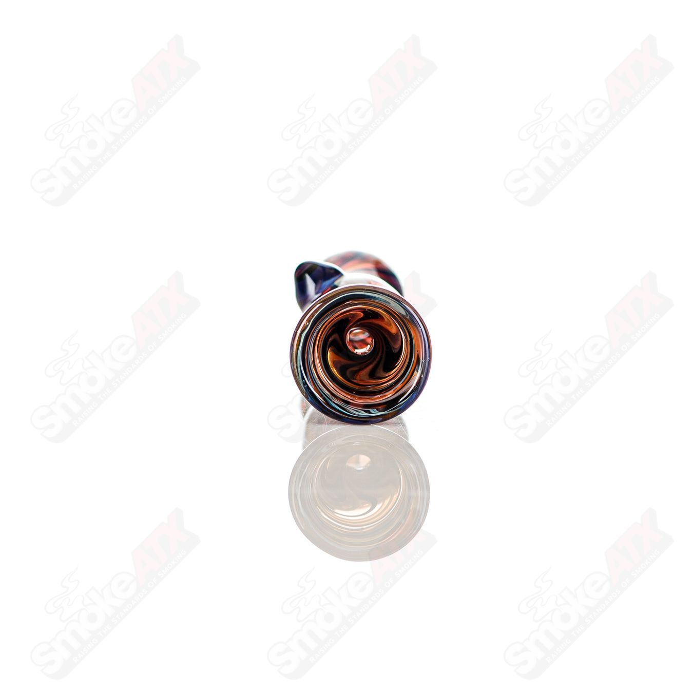 Multicolor line-worked Indo Glass chillum with purple dot, showcasing intricate glass design and vibrant colors.
