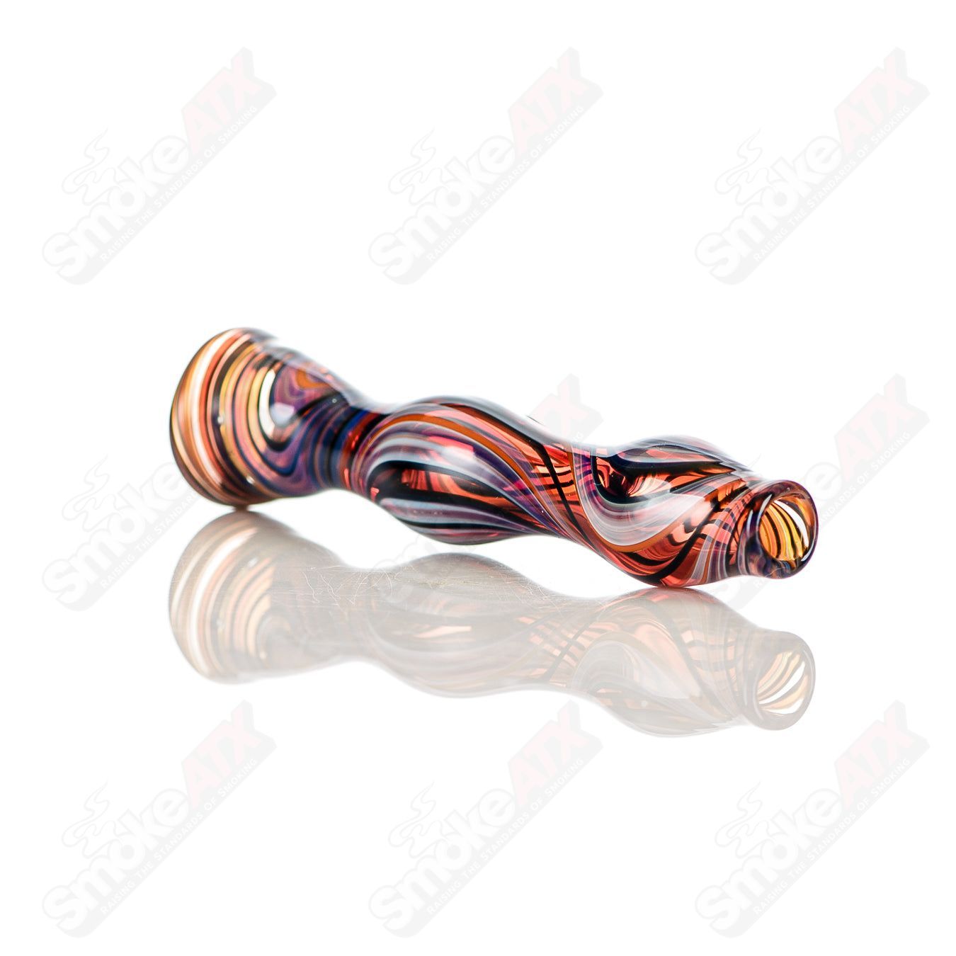 Multi-color line-worked Chillum with purple dot designed by Indo Glass, showcasing intricate glass craftsmanship.
