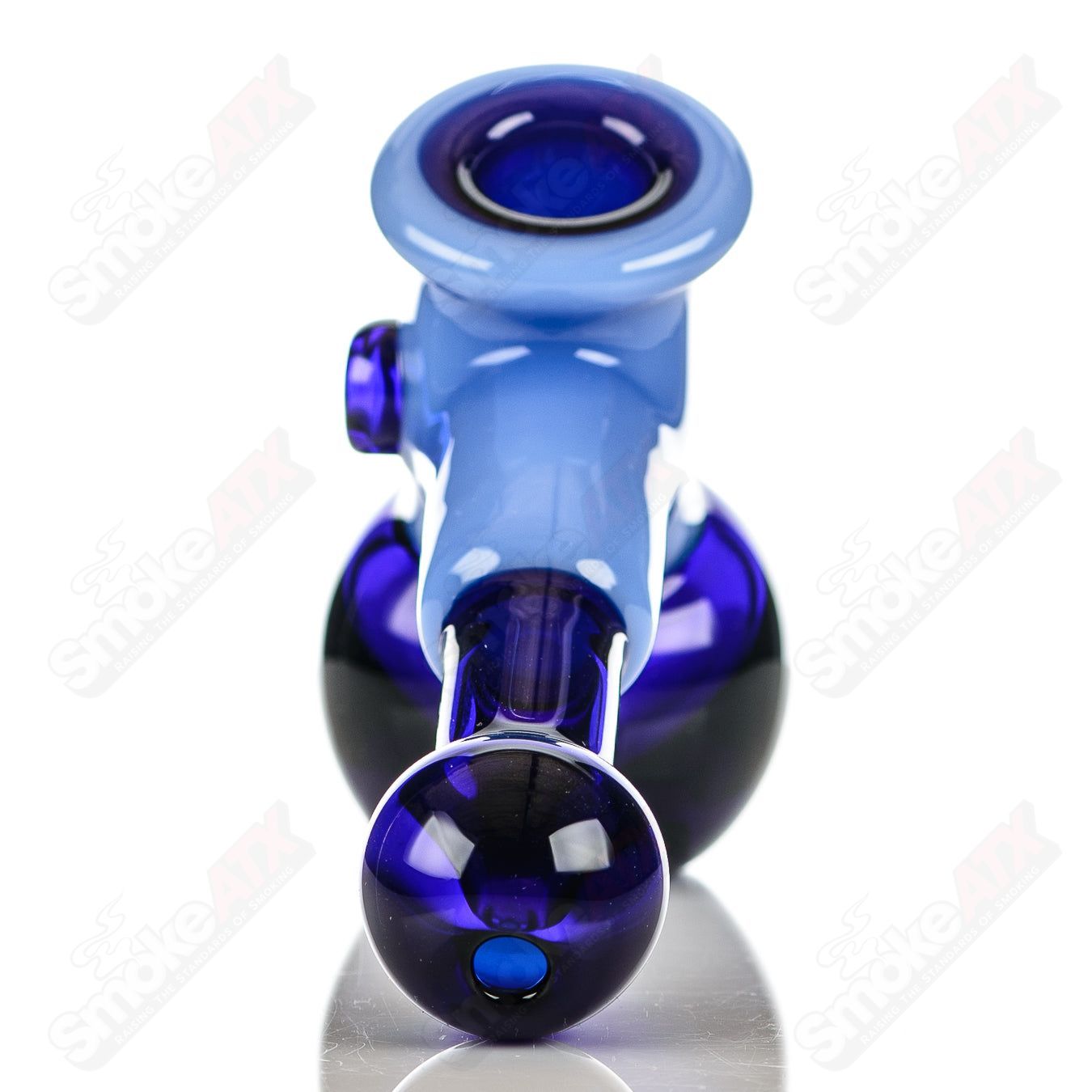 Illadelph cobalt and milky blue multi-hole hammer glass hand pipe with multiple openings and intricate design details.