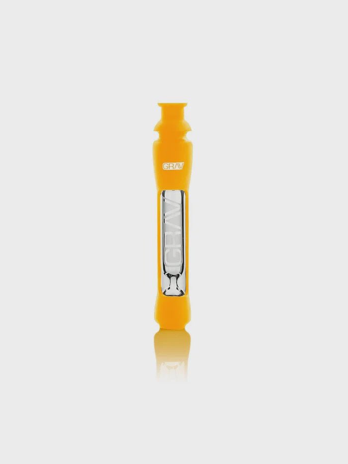 Mustard yellow 12mm Grav glass taster chillum with silicone mouthpiece, compact and portable for easy use.