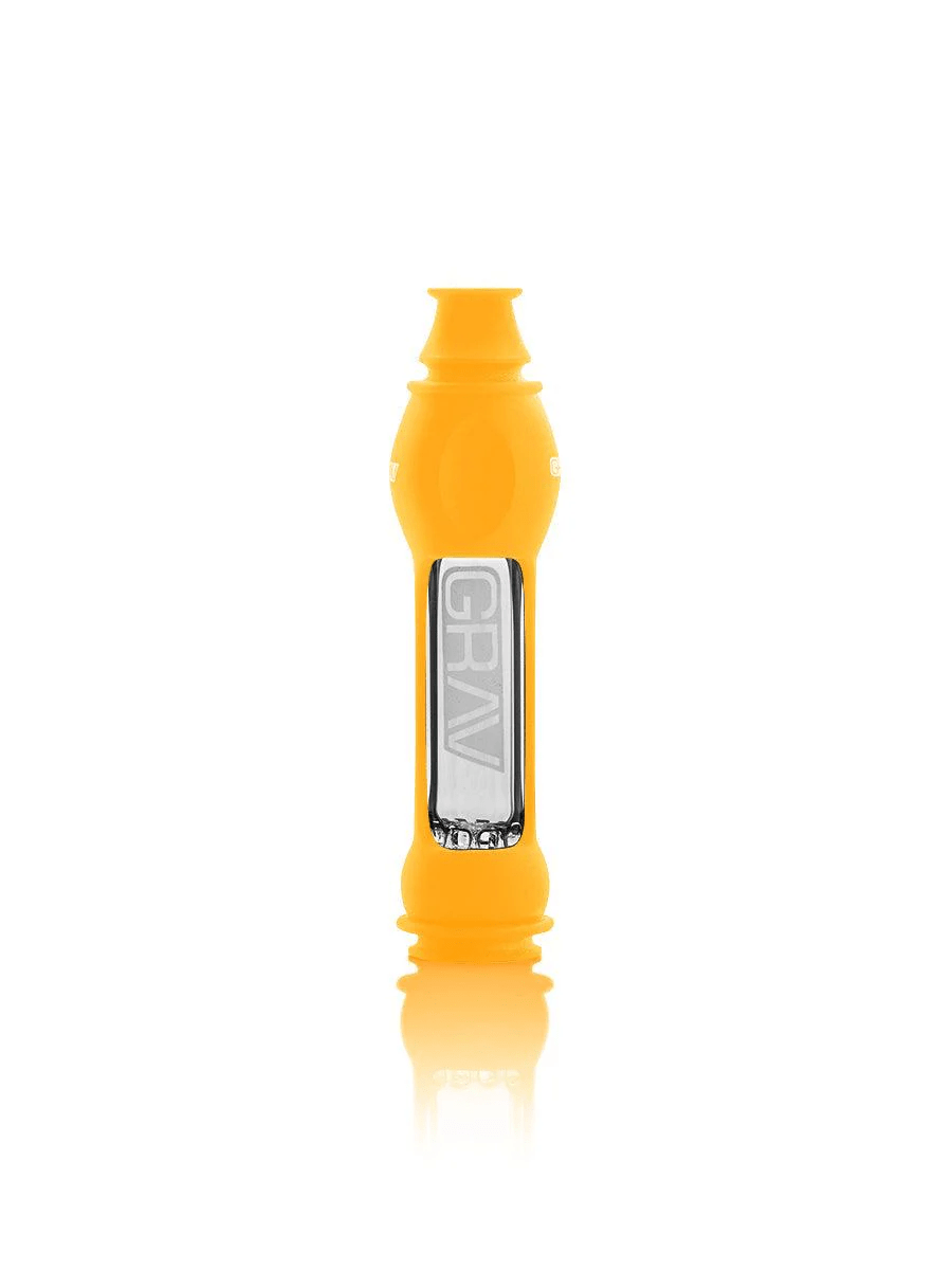 Mustard yellow 16mm Grav Octo Taster glass pipe with silicone handle, designed for easy grip and stylish smoking experience.