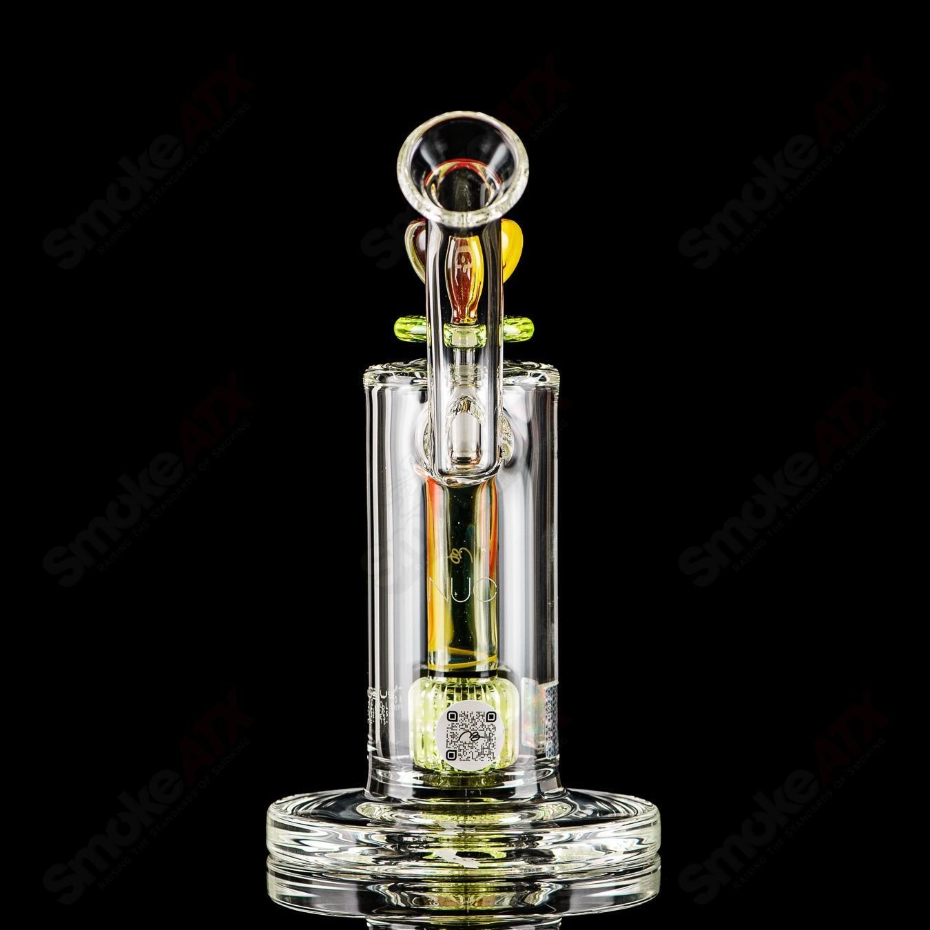 Mobius Nuc Accent Series glass bubbler, model 44 of 2023, featuring intricate design and clear glass construction.