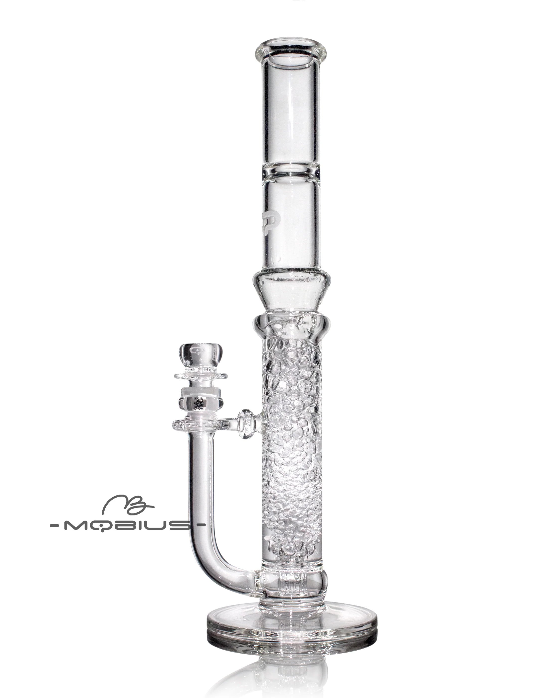 Mobius 45T Tall Stereo Matrix Splash Trap V1 glass waterpipe with clear water chamber and intricate design details.