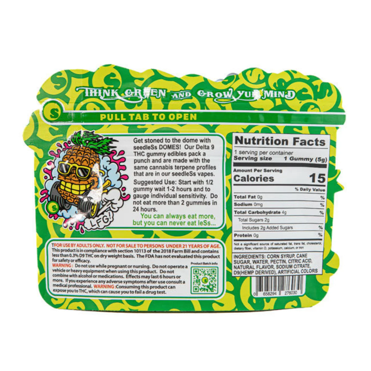 Pineapple Express D9 THC gummies by Seedless, 100mg, featuring vibrant yellow gummies shaped like domes.