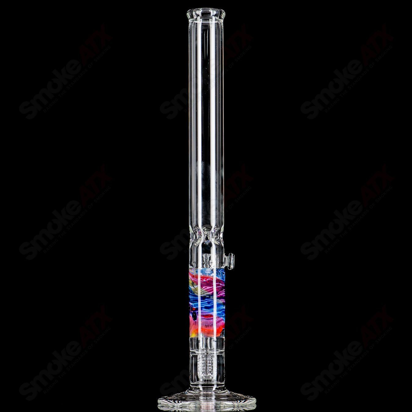 20-inch rainbow fade Apolocoline straight glass tube with 14mm bowl by Dirty Rico Glass x Nobody Glass, featuring vibrant color gradients.