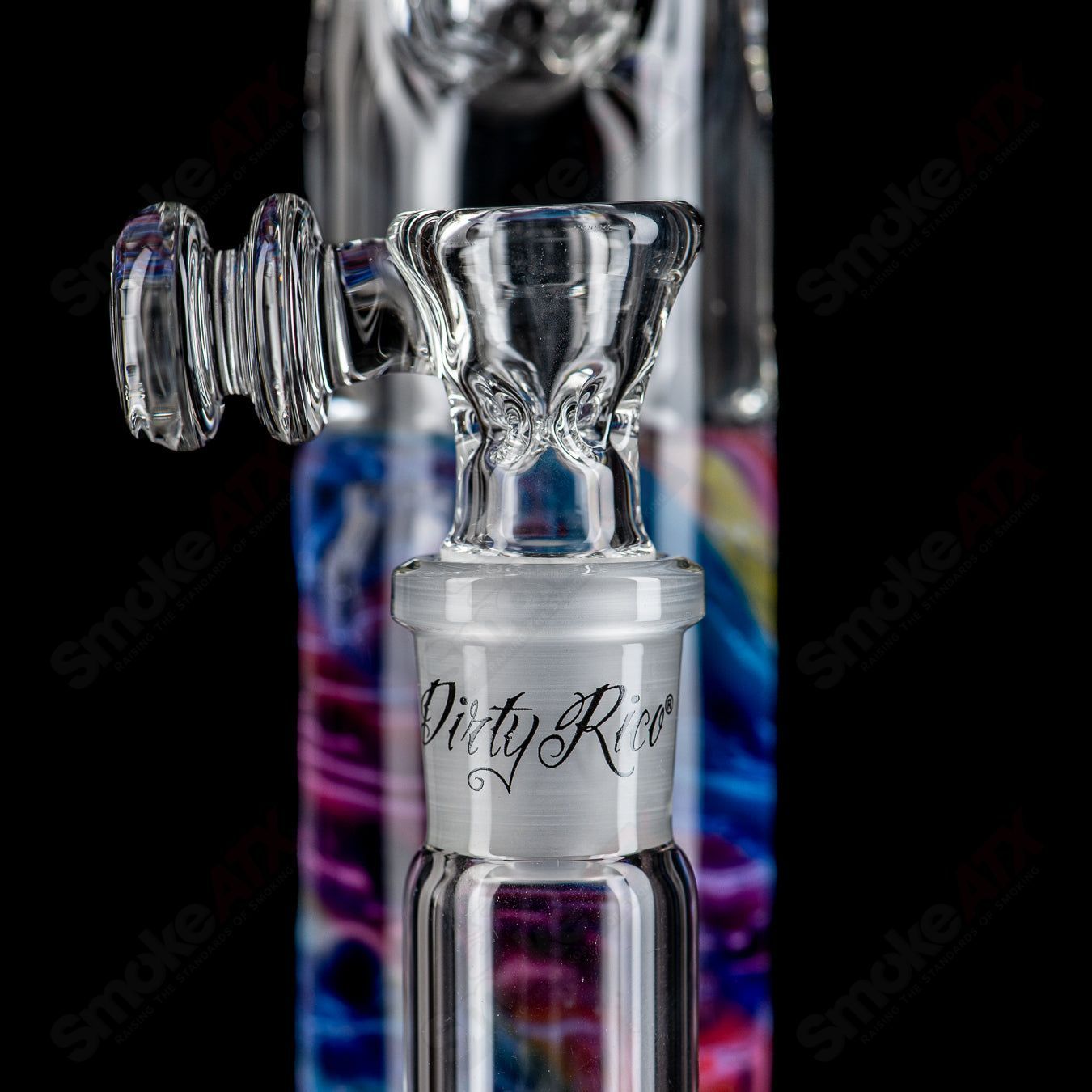 20-inch Rainbow Fade Apolocoline straight glass tube with 14mm bowl by Dirty Rico Glass, featuring vibrant rainbow colors.