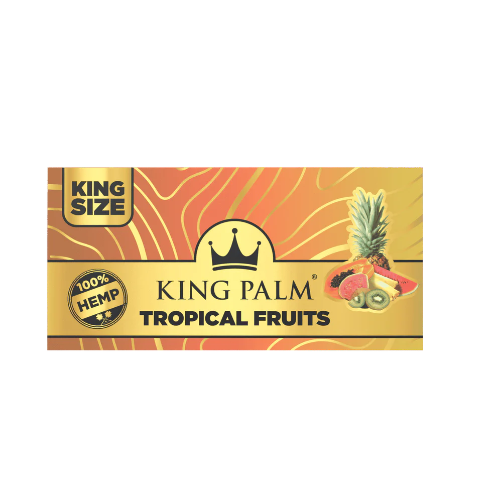 King Palm tropical fruits hemp rolling papers pack showing vibrant fruit-themed hemp wraps for rolling tobacco or herbal blends.