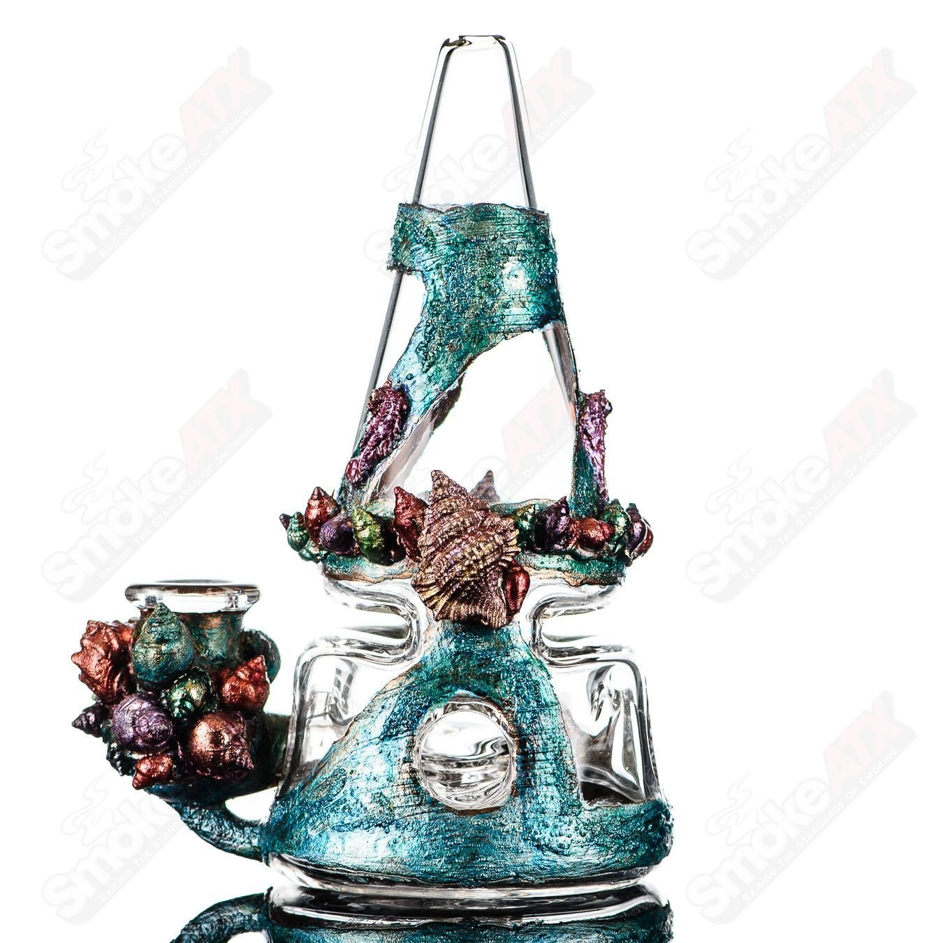 Oceanscape Electroformed Fabcone Rig by Cherry Glass, St. George design, clear glass concentrate rig with intricate details.