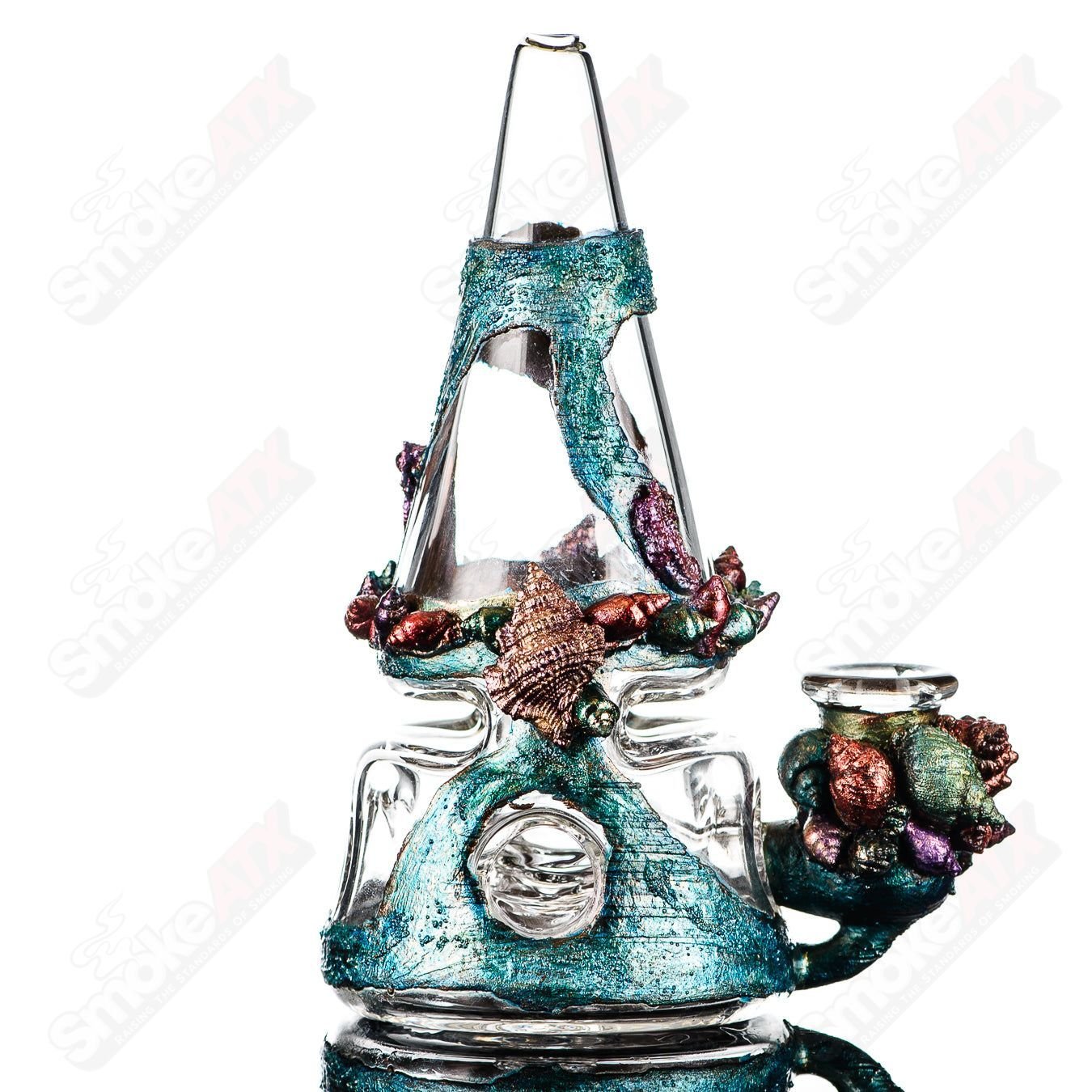 Oceanscape electroformed Fabcone rig by Cherry Glass, St. George design, clear glass concentrate rig with intricate details.