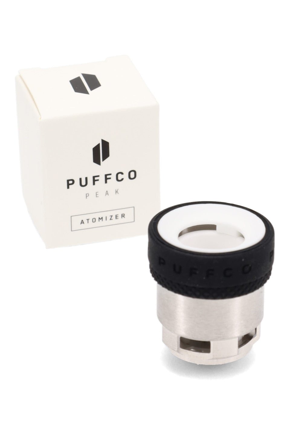 Puffco OG Puffco Peak atomizer attached to vaporizer, showing the sleek design and mouthpiece of the cannabis concentrate accessory.