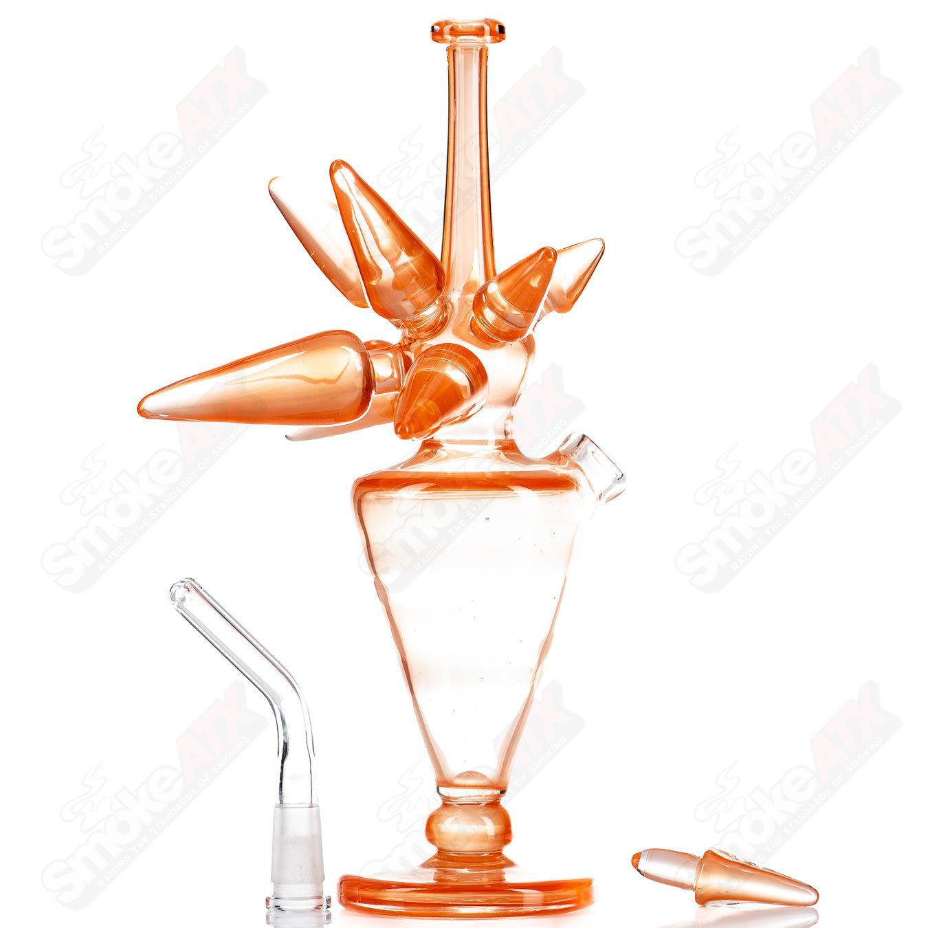JMass OJ Spike Bottle Rig, a heady glass concentrate rig featuring a vibrant, artistic design with intricate glasswork.