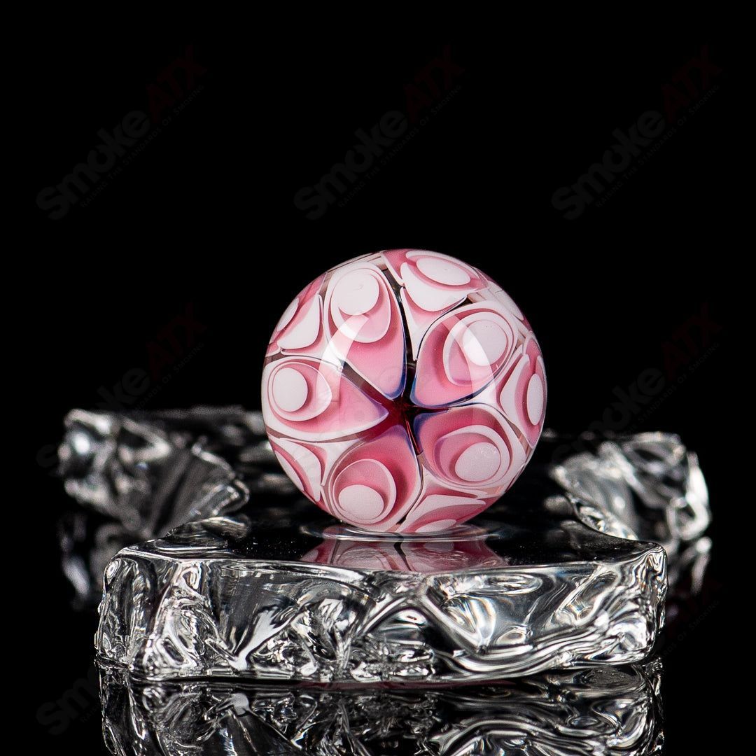 Gold Ruby Dotstack Mib Indo Glass marble, vibrant glass marble with gold and ruby accents, by Indo Glass.