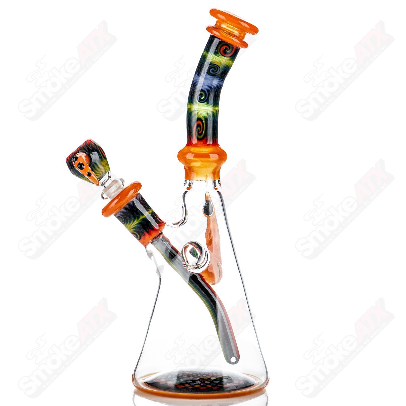 Orange Wig Wag Tube with Slide by Devo, heady glass beaker water pipe featuring vibrant orange color and intricate glass detailing.