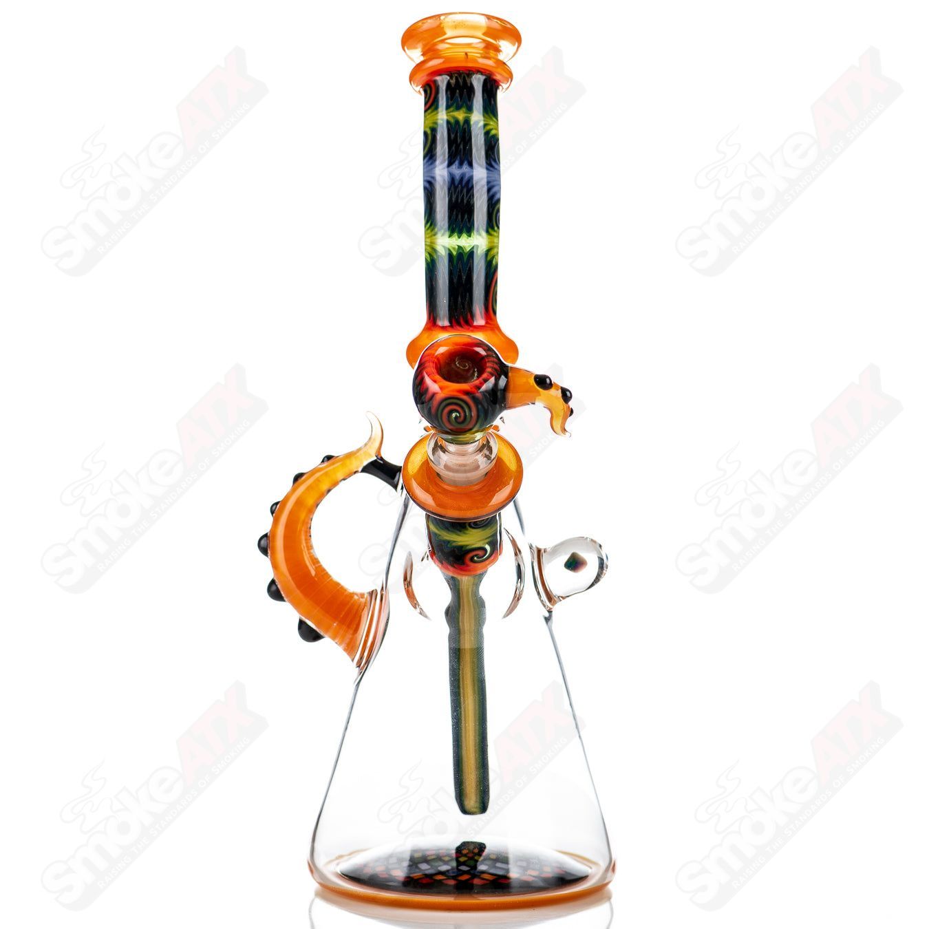 Orange Wig Wag Tube with Slide by Devon Glass, a vibrant heady beaker bong with intricate glasswork.