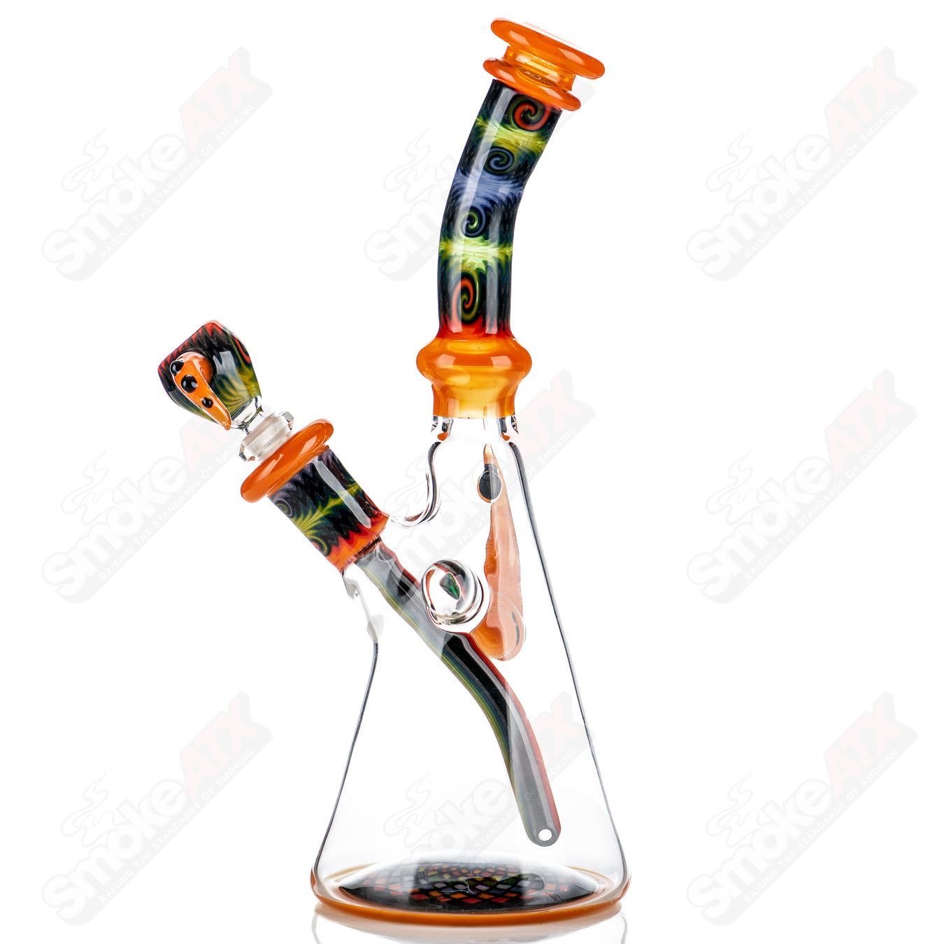 Orange Wig Wag tube with slide by Devo, a heady glass beaker-style water pipe featuring vibrant orange glass art.