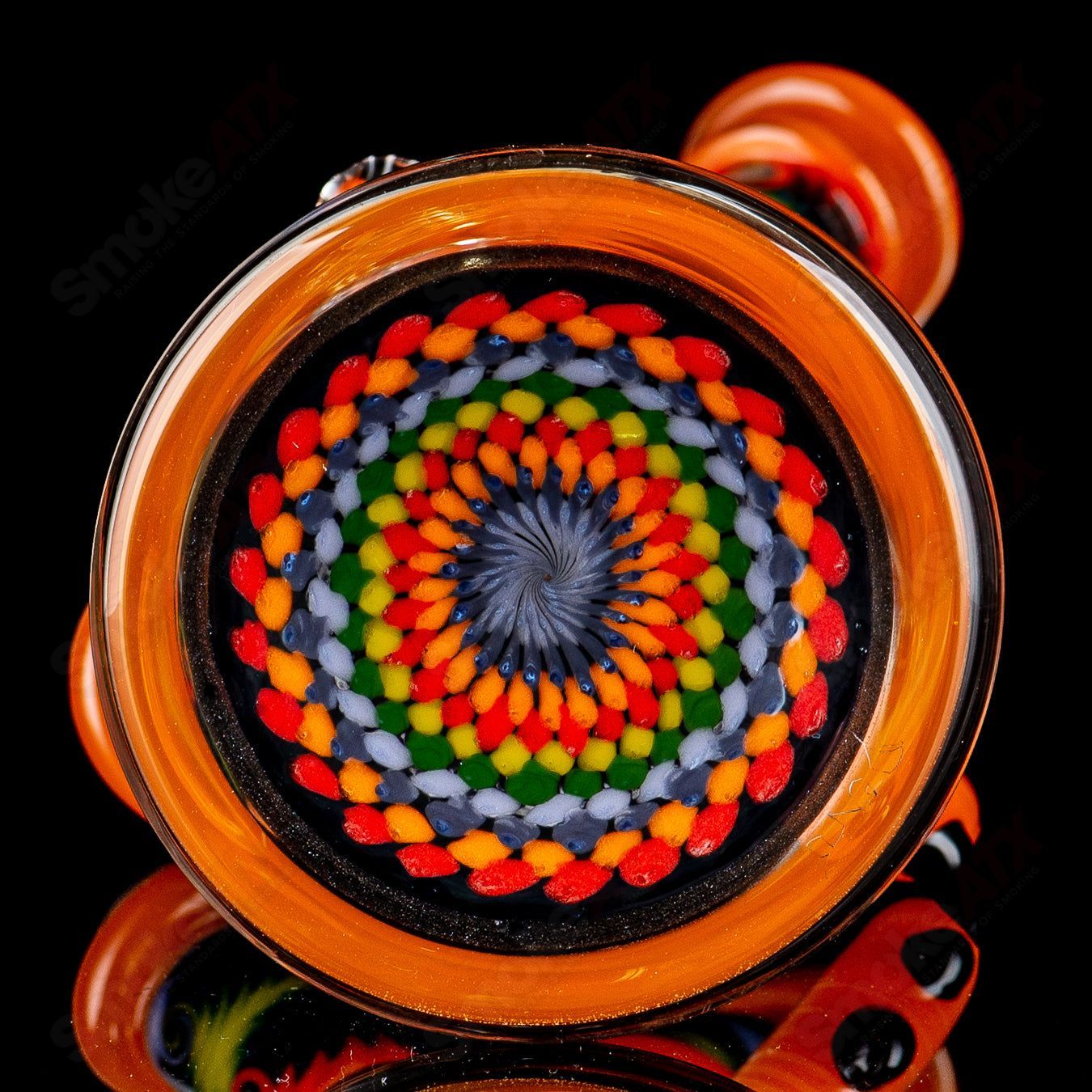 Orange Wig Wag Tube with Slide by Devon Glass, a colorful heady glass beaker bong with intricate wig wag design and slide feature.