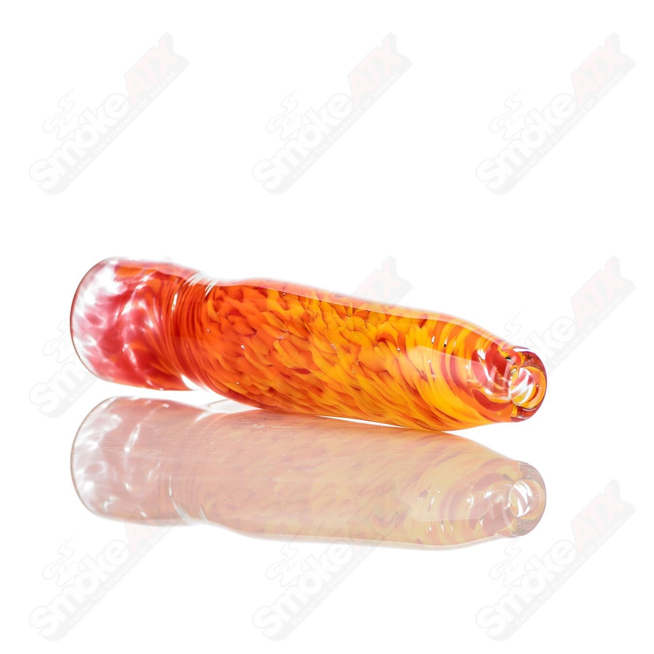 Orange and yellow frit glass chillum with clear dot signature by JMK Glass, showcasing vibrant colors and intricate design.
