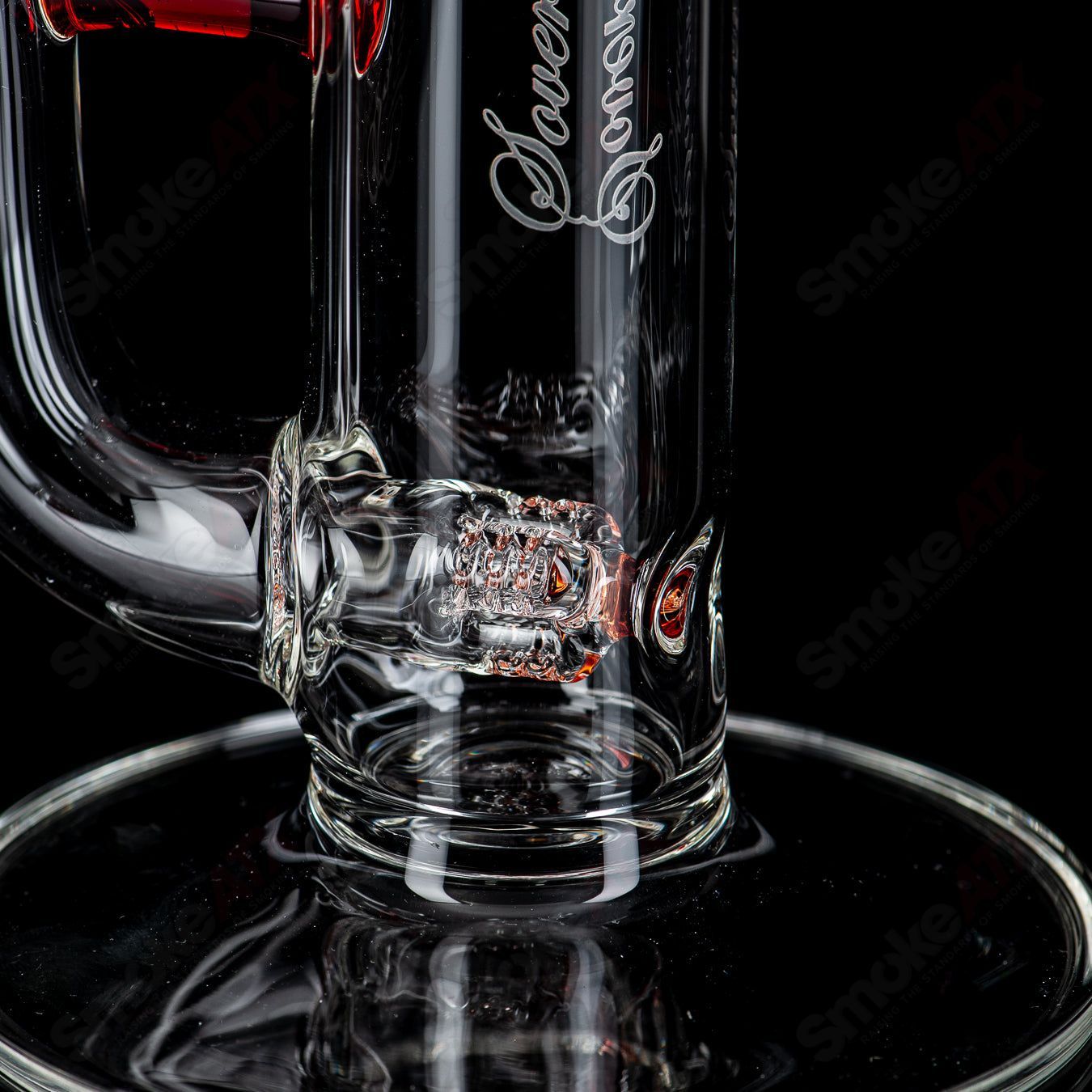 Sovereignty Glass PA Light Red Elvis 3 Line to Mini Grid Dome Natty Neck Heady Glass piece with intricate design and vibrant color.