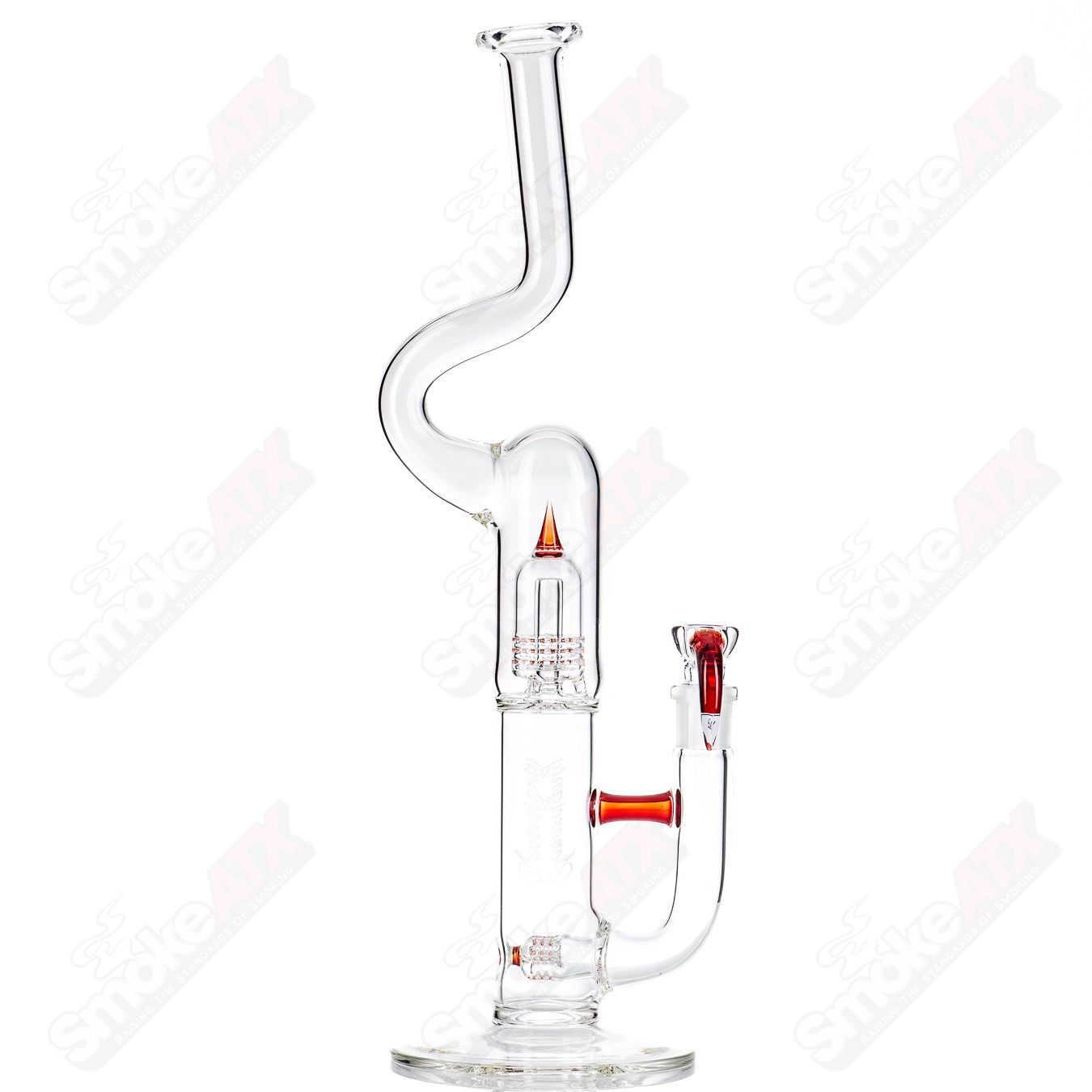 Sovereignty Glass PA Light Red Elvis 3 Line to Mini Grid Dome Natty Neck heady glass pipe with vibrant red design and intricate details