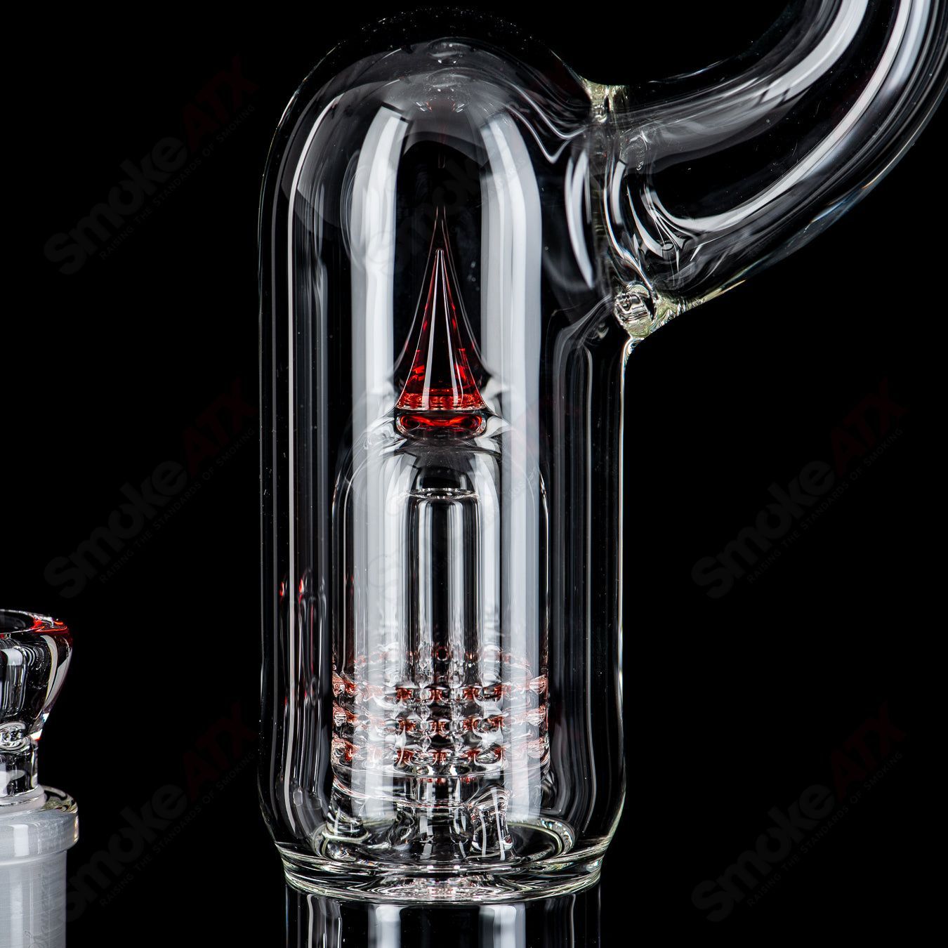 Sovereignty Glass PA Light Red Elvis 3 Line to Mini Grid Dome Natty Neck heady glass piece with red and clear design elements.