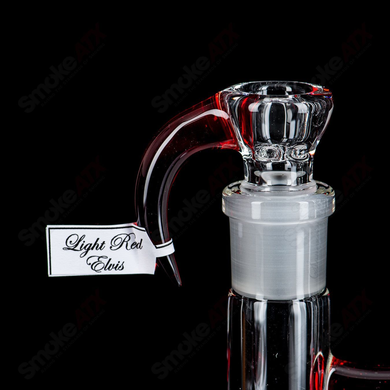 Light red Elvis 3-line heady glass to mini grid dome Natty neck by Sovereignty Glass, featuring intricate glasswork and colorful design.