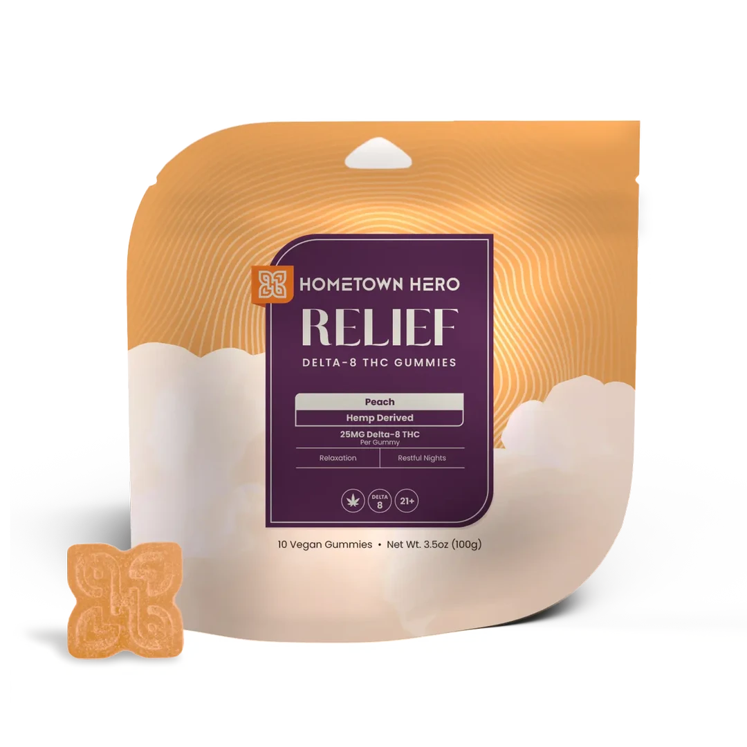 Hometown Hero Peach Delta 8 Relief Gummies in a clear container, showing peach-flavored hemp edible gummies for relaxation and relief.