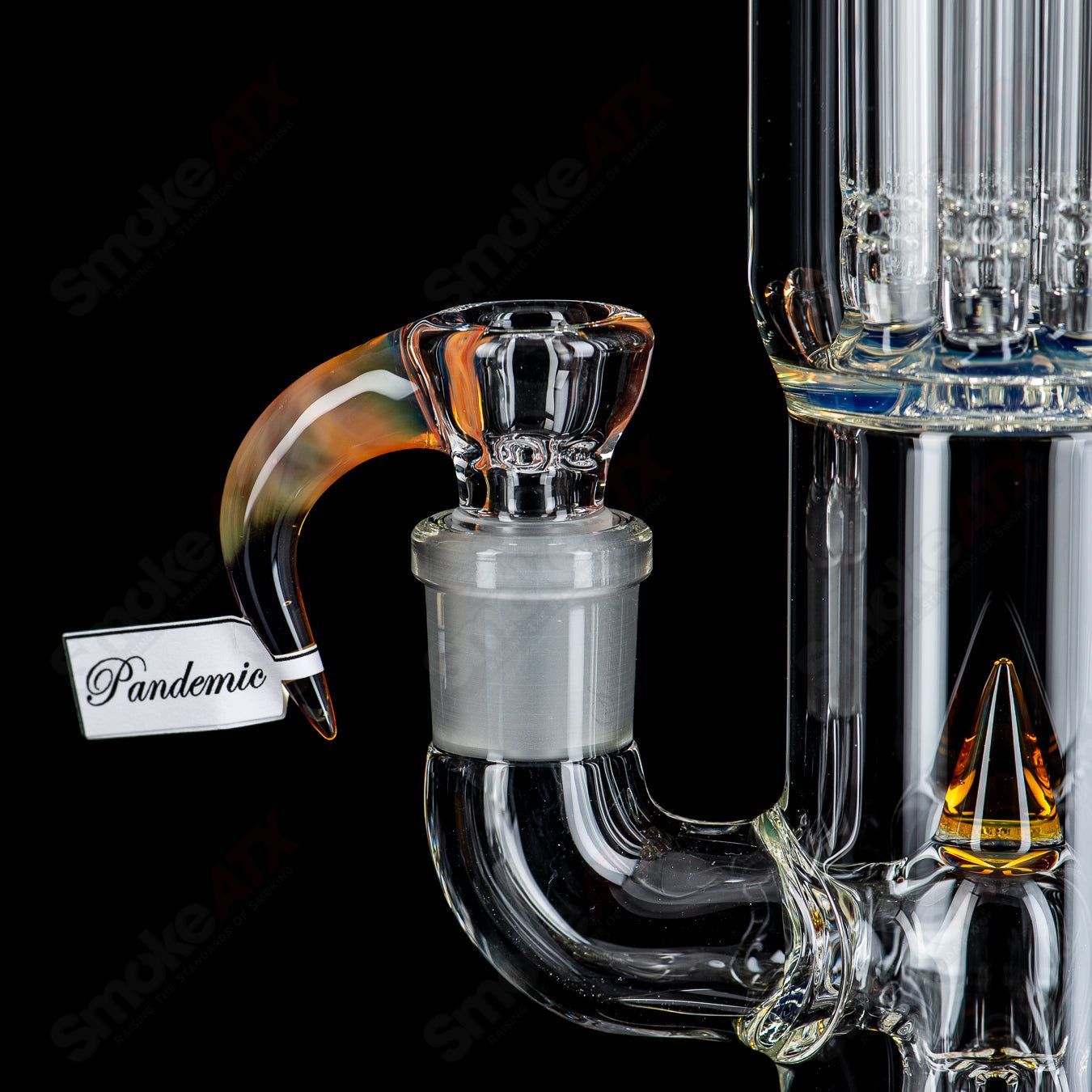 Heady glass Pandemic Fixed 4-arm to 8-arm water pipe with Splash Guard by Sovereignty Glass, featuring intricate glasswork and vibrant colors.