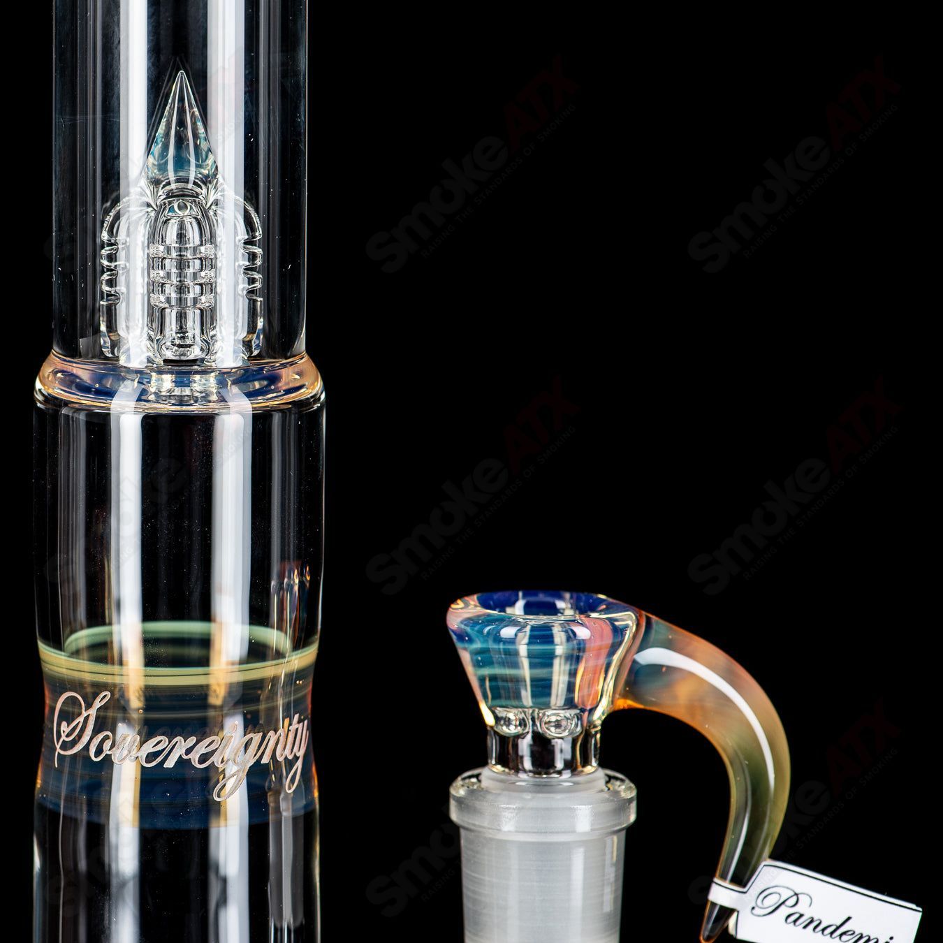 Heady glass Pandemic G-Line bishop pipe with reduction by Sovereignty Glass, featuring intricate glasswork and vibrant colors.