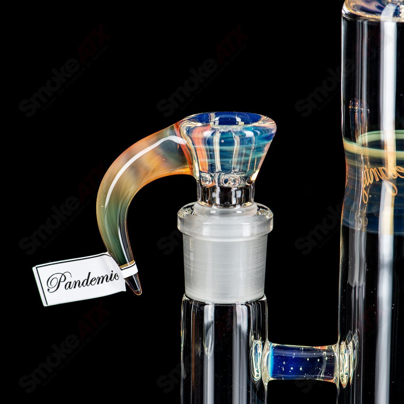 Sovereignty Glass Pandemic G-Line bishop pipe with reduction, clear heady glass piece featuring intricate design and smooth glass finish
