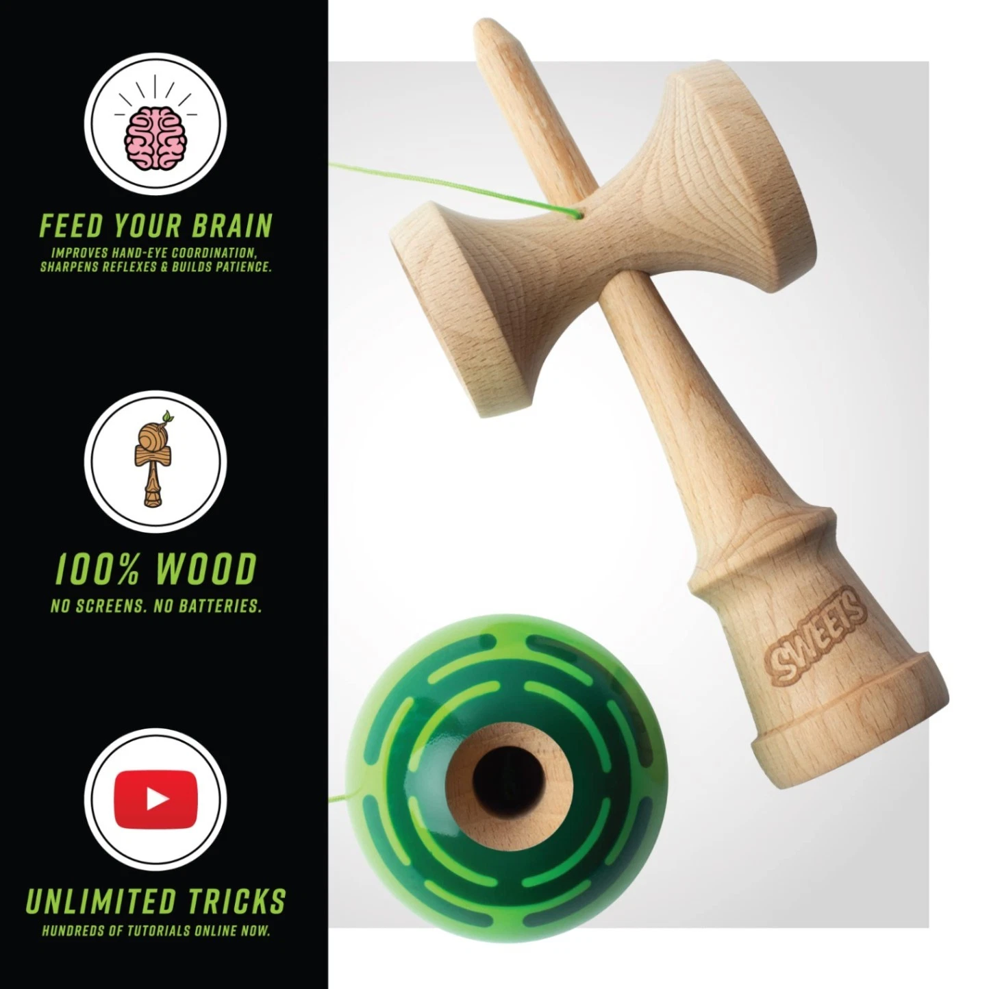 Prime Radar Sweets Kendama in green, a Japanese wooden skill toy with a ball and cup design for tricks and play.
