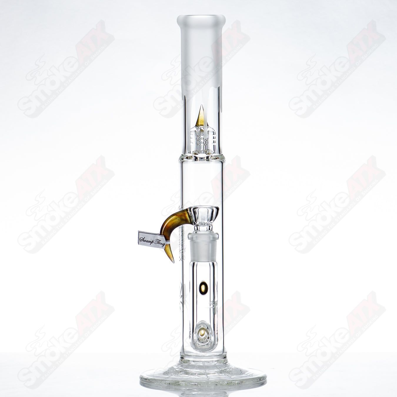 Sovereignty Glass Pawn DG Stemline straight tube with minor accent and Halloween pattern, clear glass with decorative design.