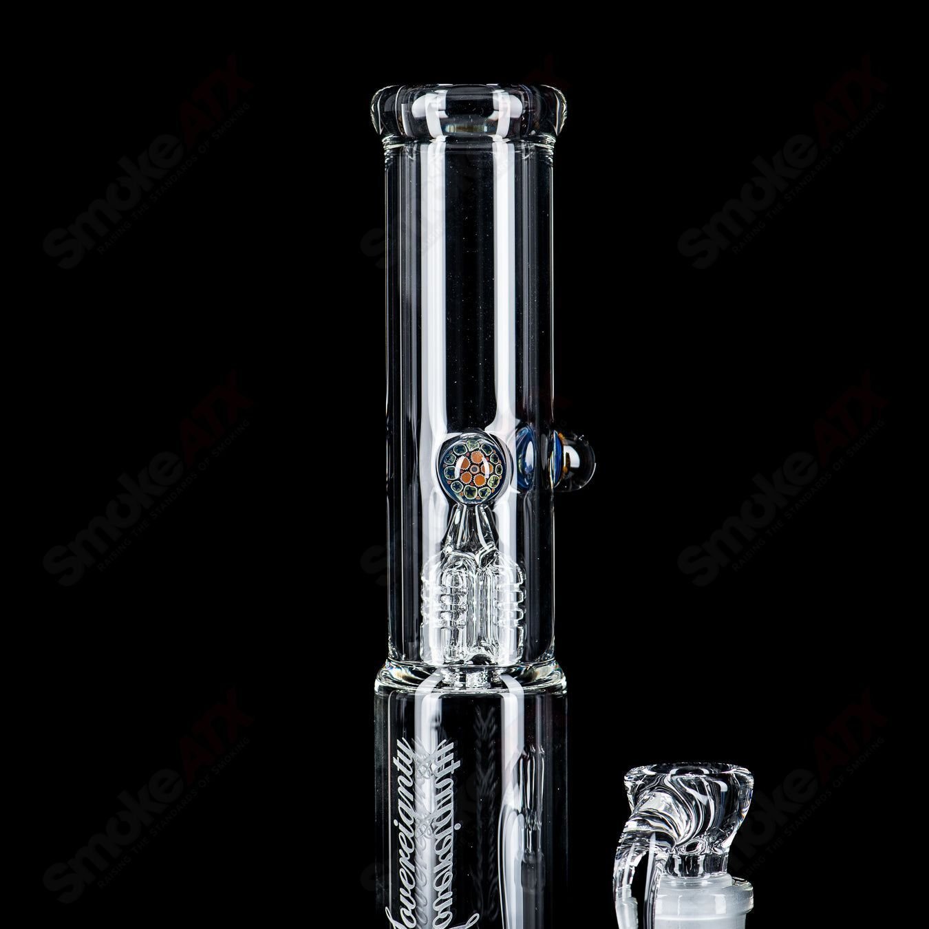 Clear Pawn Fixed 360 glass straight tube with two Millies by Sovereignty Glass, showcasing a sleek and durable design.